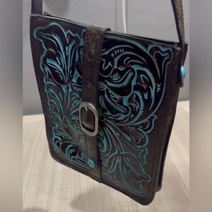 NWOT Patricia Nash Brown and Turquoise Tooled Leather Crossbody